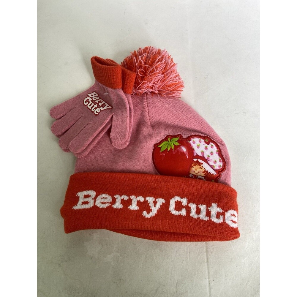 Strawberry Shortcake Girls Youth Knit Pom Cuffed Beanie Hat Cap With Gloves Set